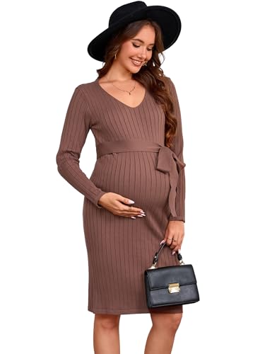 YesFashion Damen Umstandskleid Langarm Kleider Lässig Schwangerschaftskleid Gerippt Umstandsmode