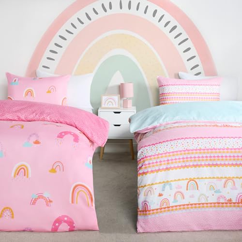 OHS 2 Pack Toddler Bedding Set, Reversible Rainbow Print Cot Bed Duvet Cover Set Super Soft Decorative Toddler Duvet with Pillowcase Quilt Covers, Pink & Blue