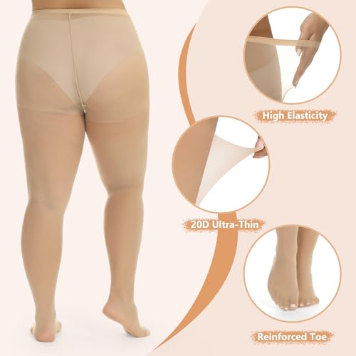 Image of MANZI Women's Plus Size Pantyhose 4 Pairs Sheer Nylon Tights