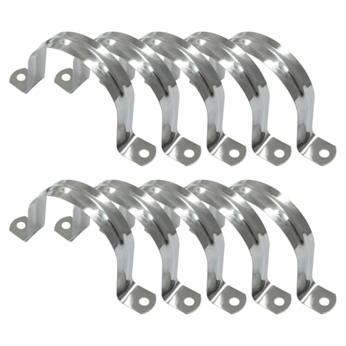 Image of 10 Pack M63 Rigid Pipe Strap, 2-1 /2 Inch, Silver | Stainless Steel, Two Hole Cable Strap, U Bracket Conduit Clamp, For Fixing Tube, Cable, Pipe, 63 mm