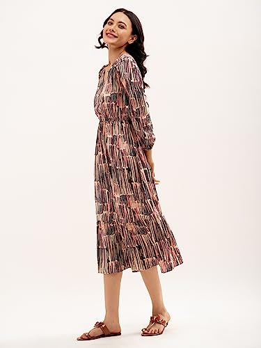 Image of AASK Abstract Printed Puff Sleeve Gathered Detailed Fit Flare Dress
