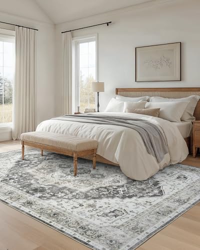 AMADA HOMEFURNISHING 9x12 Area Rug, Washable Low-Profile Large Area Rug with Non-Slip Backing & Durable Edge Binding, Vintage Large Rugs for Living Room, Bedroom