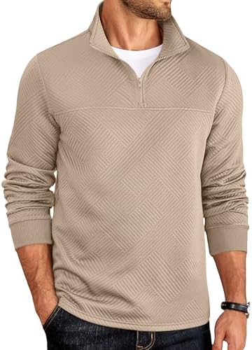 COOFANDY Men's Half Zip Pullover Lightweight Mock Neck Sweatshirt Casual Long Sleeve Polo Shirt Khaki