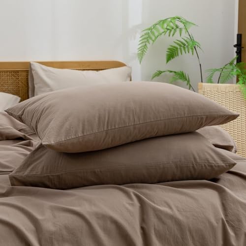 Image of BESTOUCH Cotton Solid Duvet Cover Set Pine Bark Brown Oversized Full | 100% Washed Cotton, Soft Wrinkle Texture, Hidden Zipper, 8 Ties, Breathable Lightweight Durable Comfy, 3 Pcs No Insert