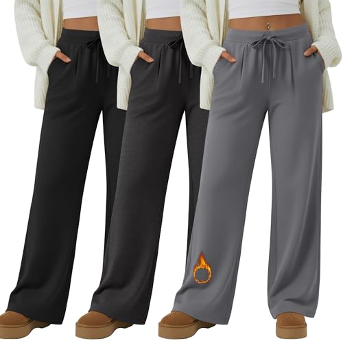 Sweetyweee 3 Pack Womens Fleece Lined Wide Leg Lounge Sweatpants Casual Thermal Drawstring Yoga Pants with Pockets(Black Mixed Gray Gray X-Large)