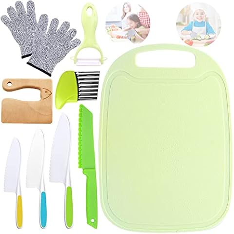 9er Kinder Küchenmesser Set - Kindermesser küche Set mit kindersicherem Holzmesser, Schäler und Schneidebrett, kindermesser Schneiden lernen für Obst, Brot, Salat Kinder-messer Ab 2, 3 Jahre Cover