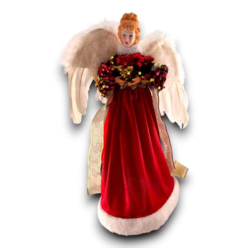 Puntale Angelo Natalizio Decorativo Abito Rosso e Dettagli Oro - Statuina Angelo Gloria in tessuto Decorazioni Natalizie - Statua per Albero di Natale, Tavolo e Camino (40 Cm, Ali Bianche)