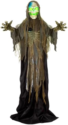41OA+NCybYL._AC_ 72" Animatronics Standing Skeleton with Sound & Touch Activated Luminous Eyes, Scary Sounds, Movement, Life-Size Halloween Decoration for Haunted House Props, Indoor/Outdoor, Lawn,