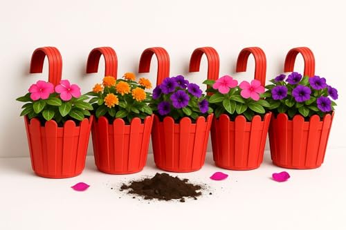 Image of Premium Railing Planter with Hook - Durable Plastic Hanging Flower Pot for Balcony, Fence Design Gamla for Indoor /Outdoor Plants, Herbs & Creepers (5, Red)
