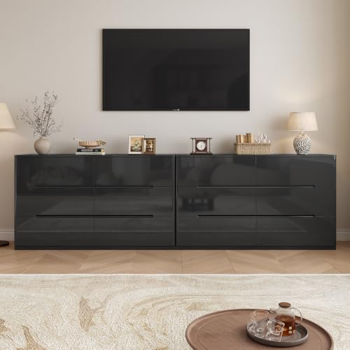 Image of Black Dresser for Bedroom, 47.2 inch Wide 6 Drawer Dresser, Modern High Gloss Dresser Chest of Drawers, Wooden Dressers Organizer for Bedroom, Closet