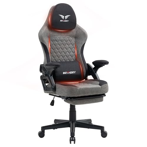 BRTHORY Gaming Stuhl Ergonomischer Racing Gamer Stuhl mit Verstellbare Kopfstütze Schreibtischstuhl mit Stoffoberfläche, Federsitzkissen, Verbindungsarmlehnen und Fußstütze, Wippfunktion, 135°