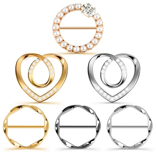 6 PCS Premium Silk Scarf Ring Clip Slide T-Shirt Tie Clips Buckle Clothes Corner Knotted Button for Women Clothing Waist Cincher Clips Tightener Fashion Metal Round Circle Shirt Clips Wrap Holder