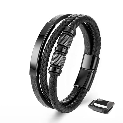 Fantocemea Bracelet En Cuir Noir Pour Homme Bracelet Tissé En Cuir VéRitable Fermoir Magnétique Acier Inoxydable Cadeau Fete Des Peres 23CM