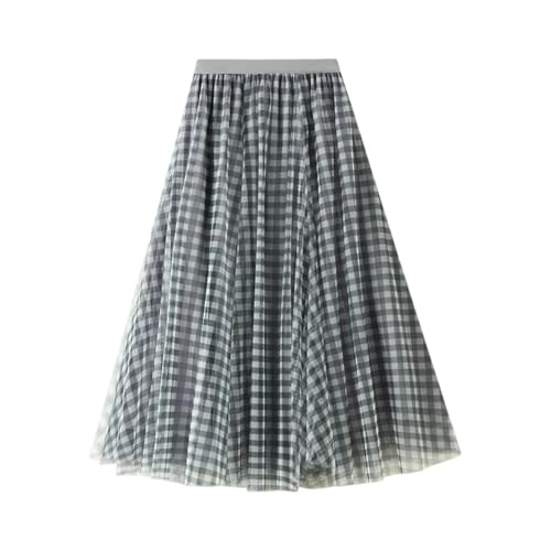 Women Vintage Plaid Skirt Elastic High-Waisted Layered Mesh A Line Midi Long Skirts
