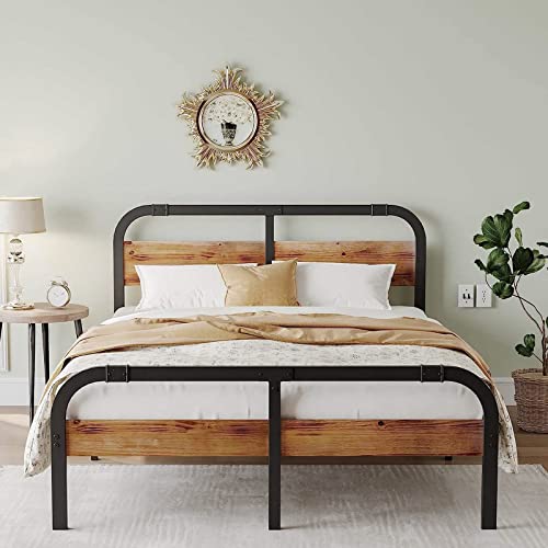 Uliesc Queen Size Bed Frame With Metal And Wood Headboard And Footboard, 14 Inches High, No Box Spring Needed Heavy Duty Mattress Platform, Noise Free,Easy Assembly #TOP4