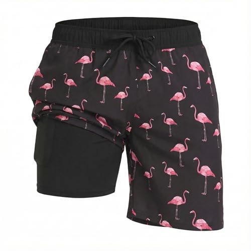 Zidoley Badehose Herren Lang 2 in 1 Boardshorts Badeshorts mit Innenhose Schnelltrocknend Männer (Flamingo XL)