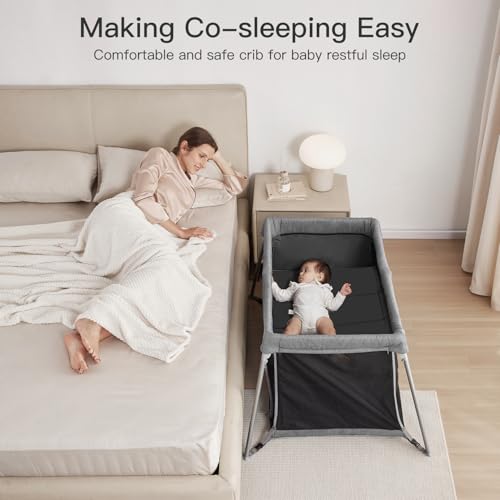 Gromast 2 in 1 Portable Travel Crib for Toddler, Foldable Crib for Baby, Lightweight Playpen Collapsible Playard with Soft Mattress, Easy to Carry Baby Travel Bed for Outdoor, Indoor (Grey) - Thumbnail 4