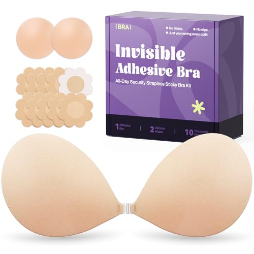 Secret Walk Invisible Strapless Sticky Bra Push up for Women, Ultra Adhesive Bra for Backless Dress, Cleavage Bra Lift with Pasties Kit (D Cup, Beige)
