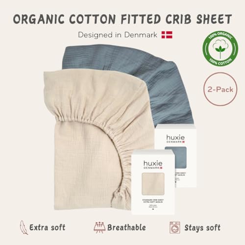 Image of Crib Sheets - Organic Cotton Muslin Fitted Crib Sheet - Standard Size for Baby Boys 28 inch x 52 inch Ultra-Soft and Breathable. 2-Pack (Fog /Tradewinds)