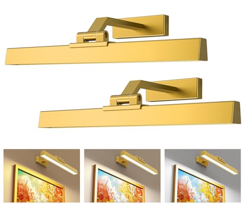 Image of Picture Lights for Wall Battery Operated Picture Light 16in Art Light CCT | Recharging Battery Dimmable Wall Light with Remote Control for Living Room Gallery Gold 2PCS