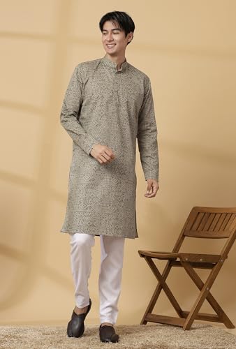 Image of Majestic Man Men's Cotton Regular Fit Casual Mandarin Collar Ethnic Motifs Printed Long Regular Kurta