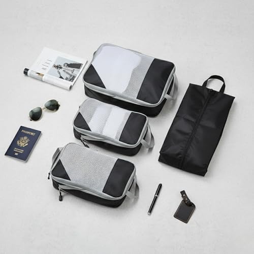 Image of 4 in 1 Waterproof Compression Packing Cubes Set - Lightweight Durable Polyester Travel Clothes Organizer Bags, Washable Luggage Packing Organizers (Black)