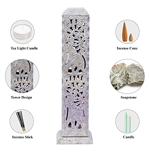 Crocon Handmade Soapstone Incense Stick Tower Candle Burner Elephant Leaf Design Incense Tower Burner | Tea Light Holder | Living Room Decor Kitchen Home Fragrance Decorative Gift Size - 11X3X3 Inch #TOP3