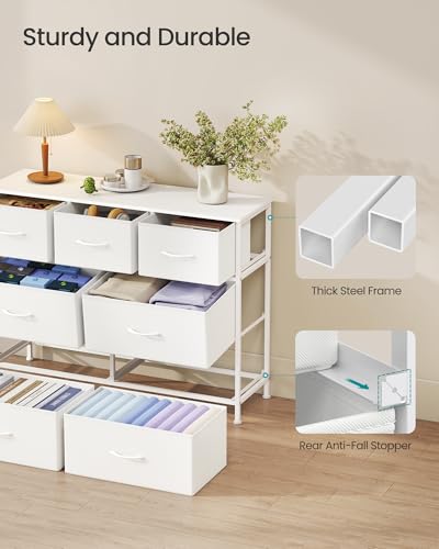 Image of SONGMICS Dresser for Bedroom, Chest of Drawers, Steel, MDF, 7 Non-Woven Fabric Drawers, Storage Organizer Unit, Closet, Entryway, Cloud White and Snow White ULGS323WH01