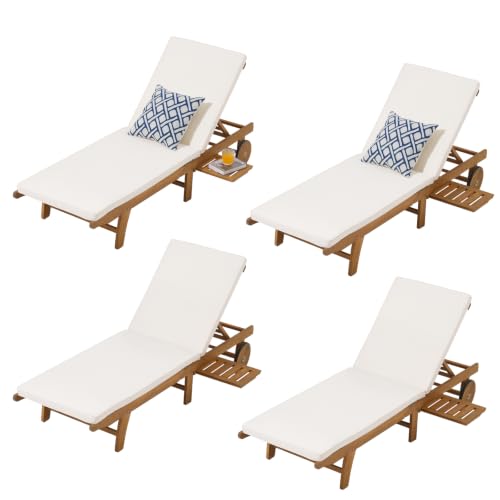 Image of Patiorama Patio Acacia Wood Chaise Lounge Set of 4, Pull-Out Table, Cream