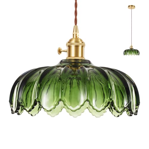 SHINGJIAO Glass Pendant Lights Kitchen Island, Vintage Pendant Light Fixtures Green Dining Room Light Fixtures Over Table, Pendant Lighting for Kitchen Island, Schoolhouse, Entryway, Foyer, E26