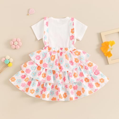 Image of Toddler Baby Girl Summer Clothes Kids Short Sleeve Solid T-Shirt Ruffle Daisy Skirts Overalls Dress Outfit 18M-6T