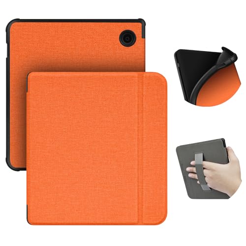 ERUNTO Case for 7-Inch Kobo Libra 2(2021 Release)/Tolino Vision 6, TPU Cover with Cloth Texture and Hand Belt on The Back, Magnetic Shell Cover with Smart Wake-up/Sleep Function (Orange)