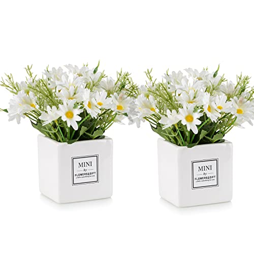 Blosmon Artificial White Daisy Flowers Decor 2 Pcs Small Fake Flower With Vase Silk Floral Arrangements In Vases Bouquet Centerpiece Office Home Shelf Table Decorations Bathroom Accessories #TOP13