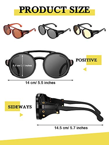 Weewooday 3 Pairs Retro Round Steampunk Sunglasses with Faux Leatherwear for Men Women (Vintage Color)2
