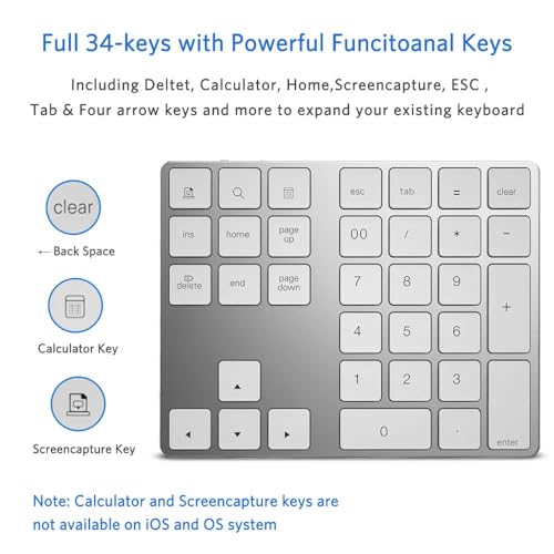 Bluetooth Number Pad, Wireless Numeric Keypad, USB-C Rechargeable External 34-Keys Numpad, Financial Data Entry Keyboard for iMac, MacBook Air/Pro, PC Desktop, Laptop Notebook(Silver)