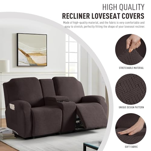 Image of KinCam Loveseat Recliner Covers with Middle Console Slipcover, Recliner Sofa Covers 2 Seat Couch Cover Stripe Jacquard Furniture Protector Covers with Elastic Bottom for Kids, Pets(Chocolate)