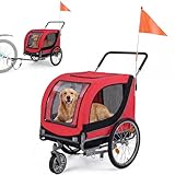 Giantex 2-in-1 Dog Bike Trailer & Pet Stroller for Large Dogs – Foldable Pet Carrier Cart with Front Caster & 2 Air-Filled Tires, Breathable Mesh, PVC Rain Cover, 176 lbs Capacity (Red)