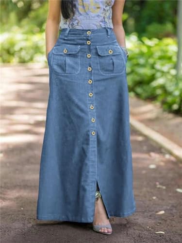 Women Skirts Summer Denim Solid Color Long Skirt Casual Split Bottoms Lady A-Line Button Up Skirt2