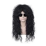 BERON 80s wig Black Long Curly Wig 80s Male Wig Punk Rock Wig Black Wig Halloween Cosplay Costume Daily Wear Wig Synthetic Wig (Black)