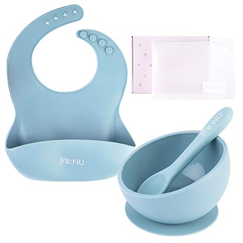 BNU Premium Quality Baby Feeding Set - BPA PVC Free Non Toxic 100 Silicone Bib Suction Bowl Spoon Storage Travel Bag Ether Blue