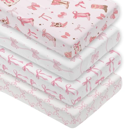 Image of 4 Pack Pink Bow Crib Sheet Set for Girl, Soft Breathable Fitted Pink Crib Sheet 28 x 52 in, Cowgirl Nursery Decor for Standard Crib and Toddler Bed Mattresses