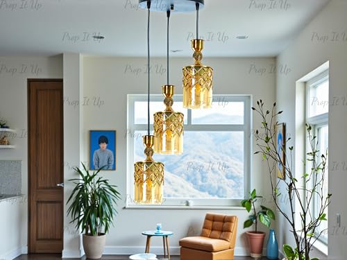 Image of Prop It Up Pineapple Pendant Light, 3-Light Cluster, Gold and Luster Glass pandant Light for Bedroom, Decorative Lattice Design Hanging Light for Hall, Dining Room Chandelier Bulb Not Included