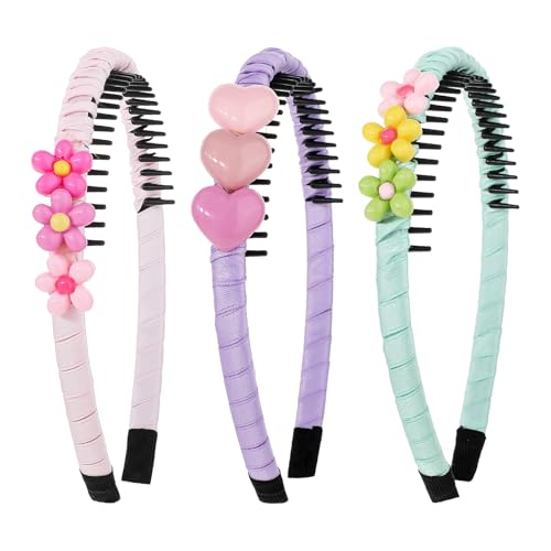 COMNICO Plastic Headbands, 3Pcs Non-slip Headbands with Teeth Colorful Heart Flower Head Bands for Kids Cute Hair Comb Head Bands