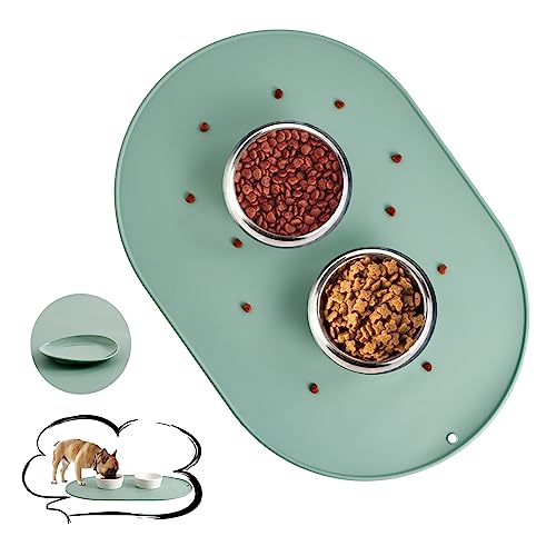JOBNTZ Pet Feeding Mat, Large 22.8" L x 15.7" W Cat Feeding Mat, Waterproof Non-Slip Silicone Dog Bowl Mat Pet Food mat for Dogs, Cats, and Pets, Dishwasher Safe (Green)