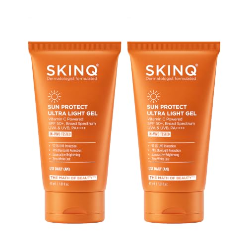 Image of SKINQ SPF 50+ Detan Sunscreen Gel | Tan Reduction, No White Cast | 97.5% UVB Protection | With Vitamin C | Lightweight, Non-Greasy | Normal, Dry & Sensitive Skin | Made by Dermat | 45ml (Pack of 2)
