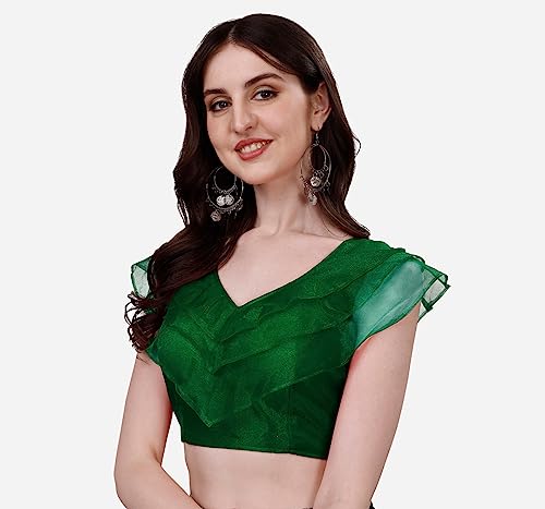 Image of Pujia Mills Women's V Neck Orgenza Three Layer Ruffle Sleeve Frill Readymade Saree Blouse