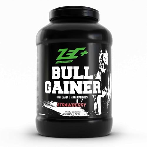 Zec+ Nutrition Bullgainer – 3500 g, Geschmack Erdbeere │ Protein-Pulver mit Vitaminen, Aminosäuren und Kohlenhydrathen zum Masseaufbau, Made in Germany