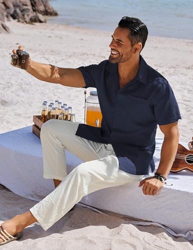 Image of COOFANDY Men's Button Down Shirts Short Sleeve Casual Shirts Summer Beach Linen Shirts with Pocket