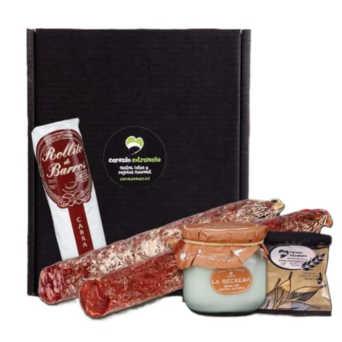 Lote Gourmet Navidad Extremeño Leganés – Queso Rulo de Cabra Artesano, Queso Recrema Finca Pascualete, Chorizo y Salchichón Ibéricos, Picos de Pan | Cesta Regalo Gourmet Empresas y Navidad
