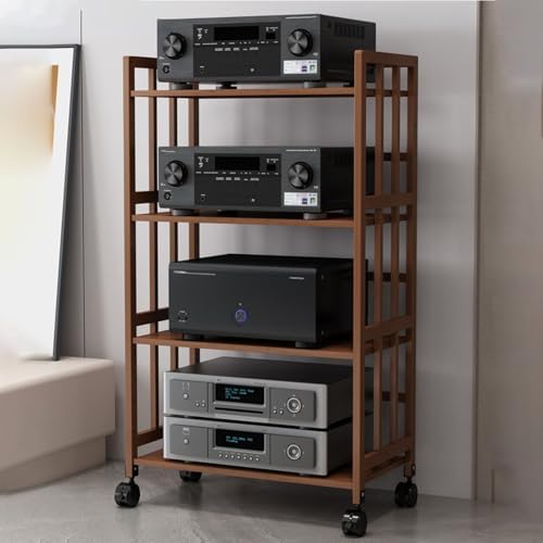 Adjustable Brown Wooden Audio Rack – 2 to 5 Tier Media Storage Stand for Home, Office, Theater – Modern Tall Movable Stereo Cabinet with Versatile Shelves